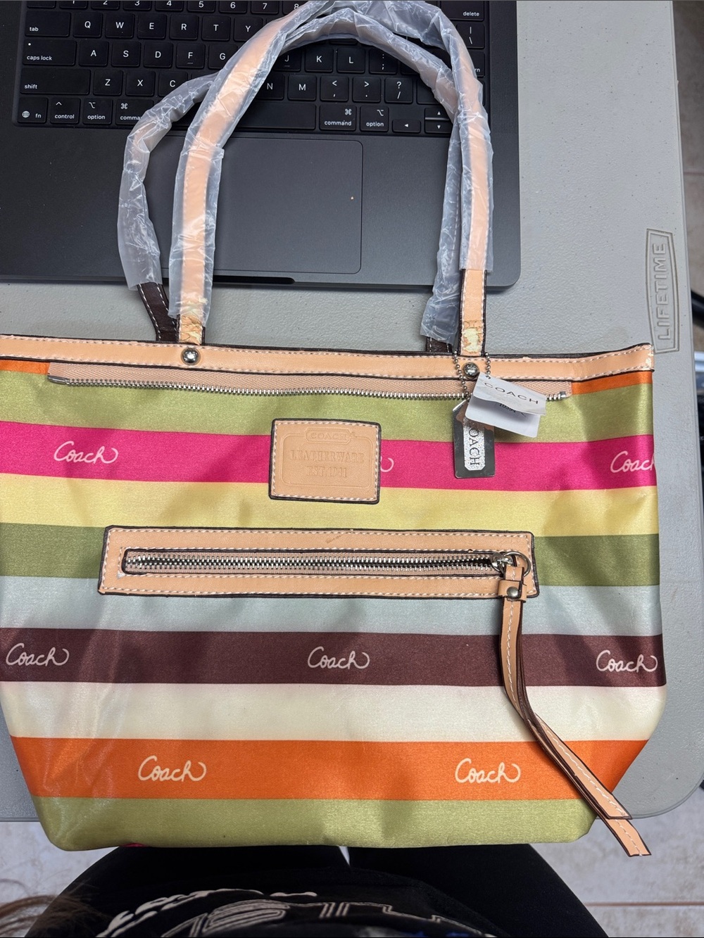Coach Multicolor Striped Canvas Tote with Leather Trim